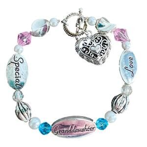 🍭6/$30 Silver pink blue beaded t clasp heart special granddaughter love bracelet